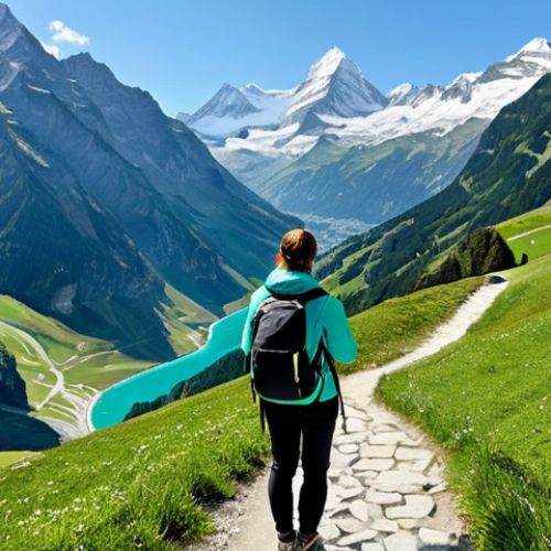 Home 14 A solo female traveler with a backpack, fully clothed in hiking attire, standing on a winding mountain path in the Swiss Alps. She is taking a photo with her phone, capturing the breathtaking view of snow-capped peaks and a lush green valley. Safe for work, appropriate content, professional photography, perfect anatomy, natural proportions, family-friendly, clear sky, bright daylight.
