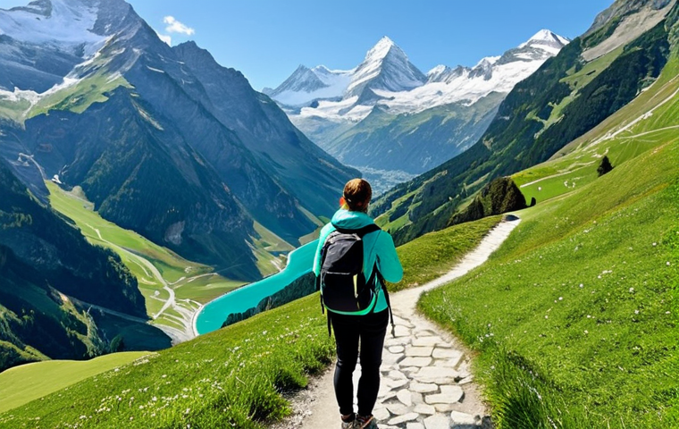 A solo female traveler with a backpack, fully clothed in hiking attire, standing on a winding mountain path in the Swiss Alps. She is taking a photo with her phone, capturing the breathtaking view of snow-capped peaks and a lush green valley. Safe for work, appropriate content, professional photography, perfect anatomy, natural proportions, family-friendly, clear sky, bright daylight.