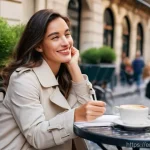 독립 여행 시 추천하는 음식 체험 - **Parisian Cafe Serenity:** A stylish woman in her early thirties, dressed in a chic, smart-casual o...