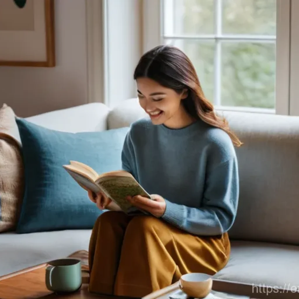 여행 후 추억을 남길 수 있는 방법 - **Prompt:** A cozy, sunlit living room with warm, inviting decor. A young woman, early 30s, with a g...