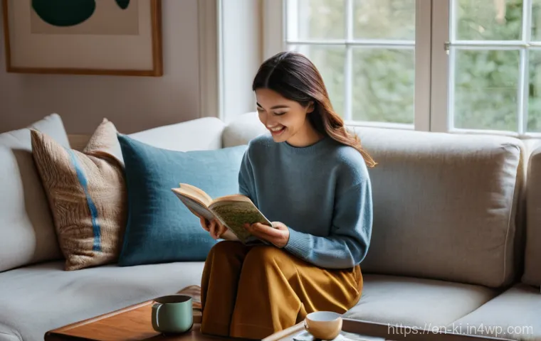 여행 후 추억을 남길 수 있는 방법 - **Prompt:** A cozy, sunlit living room with warm, inviting decor. A young woman, early 30s, with a g...