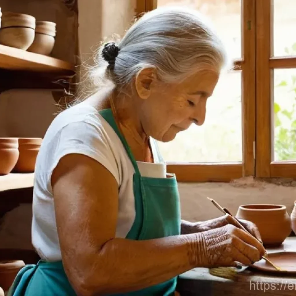 자유 여행을 위한 기념품 고르는 법 - **Prompt:** A serene, sun-drenched artisan's workshop in Tuscany. An elderly woman, with kind eyes a...