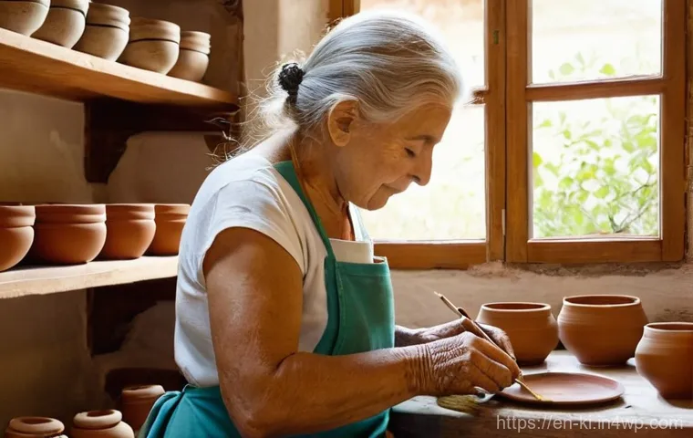 자유 여행을 위한 기념품 고르는 법 - **Prompt:** A serene, sun-drenched artisan's workshop in Tuscany. An elderly woman, with kind eyes a...