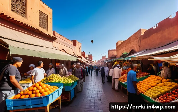 여행 중 촬영할 사진 아이디어 - A vibrant low-angle shot of a bustling urban street market in Marrakesh during mid-morning, focusing...