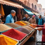 Home 21 독립 여행 중 현지인과 소통하는 법 - A bustling open-air market scene in Morocco during the late morning, featuring a diverse group of fr...