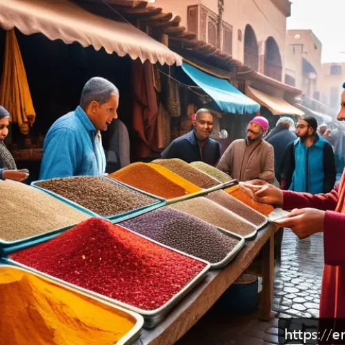 Home 33 독립 여행 중 현지인과 소통하는 법 - A bustling open-air market scene in Morocco during the late morning, featuring a diverse group of fr...