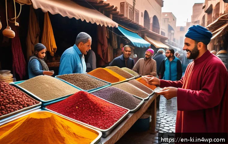 독립 여행 중 현지인과 소통하는 법 - A bustling open-air market scene in Morocco during the late morning, featuring a diverse group of fr...