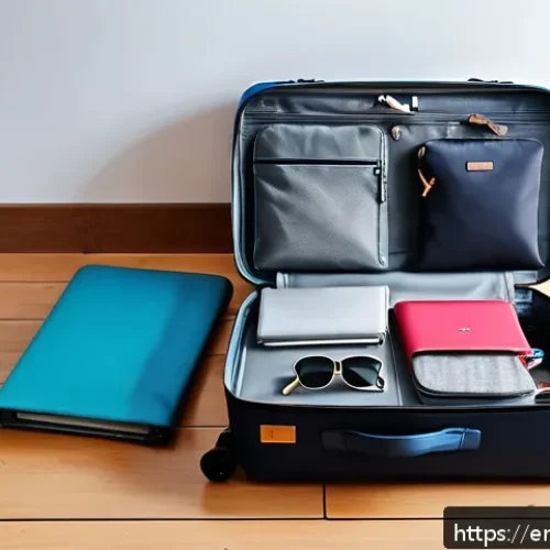 Home 32 여행 준비 단계별 체크리스트 - A neatly organized modern travel scene featuring a lightweight suitcase with multiple compartments a...