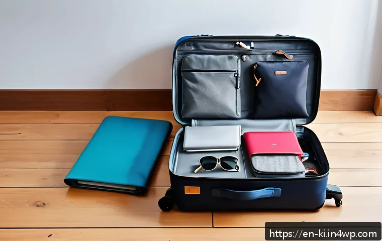 여행 준비 단계별 체크리스트 - A neatly organized modern travel scene featuring a lightweight suitcase with multiple compartments a...