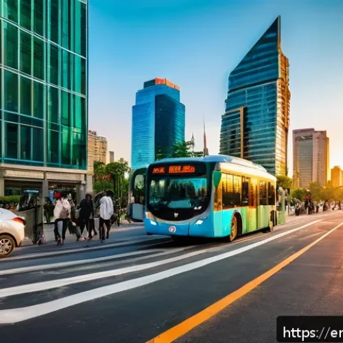 Home 30 여행 일정에 맞는 최적의 교통수단 - A bustling urban scene at sunset featuring a diverse group of people using various transportation mo...