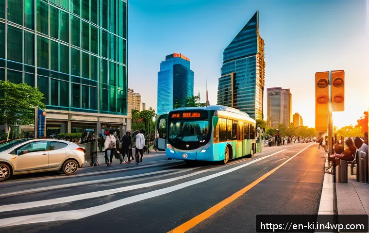 여행 일정에 맞는 최적의 교통수단 - A bustling urban scene at sunset featuring a diverse group of people using various transportation mo...