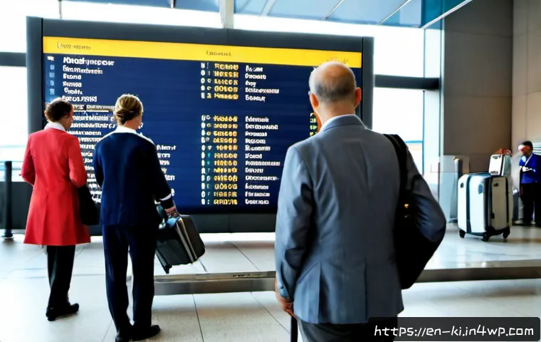 Home 17 여행 중 일어날 수 있는 다양한 상황 - Photorealistic travel disruption scene at a busy European airport, a calm adult traveler standing be...