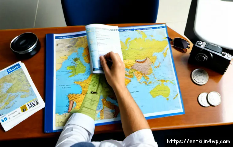 Home 17 여행 계획 세우는 데 도움이 되는 블로그 - Photorealistic overhead view of a well-organized travel planning desk for a European city break, an ...