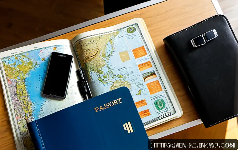 Home 30 혼자서 여행 준비하는 방법 - Photorealistic overhead view of a solo traveler’s tidy home desk, open blank travel notebook, unfold...