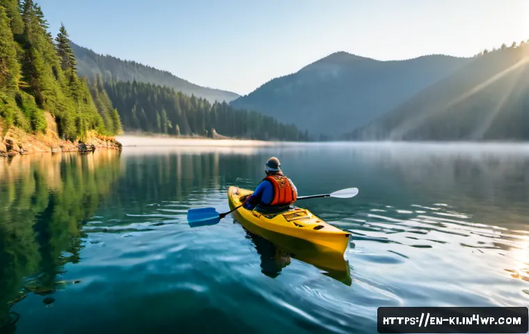 Home 17 여행 중 즐길 수 있는 액티비티 추천 - Photorealistic wide-angle scene of two adult travelers kayaking on a calm emerald mountain lake at s...